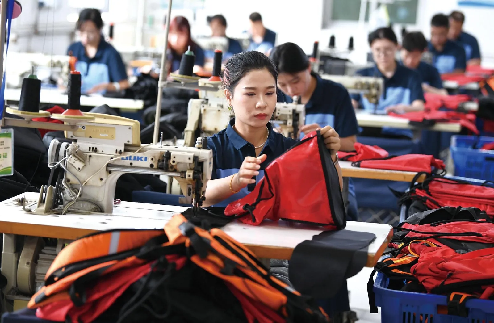 Work in progress custom bags moving through the production process