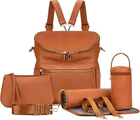 Custom Stylish Design Vegan Water Bottle Foldable Crib Leather Baby Bag Nappy Backpac