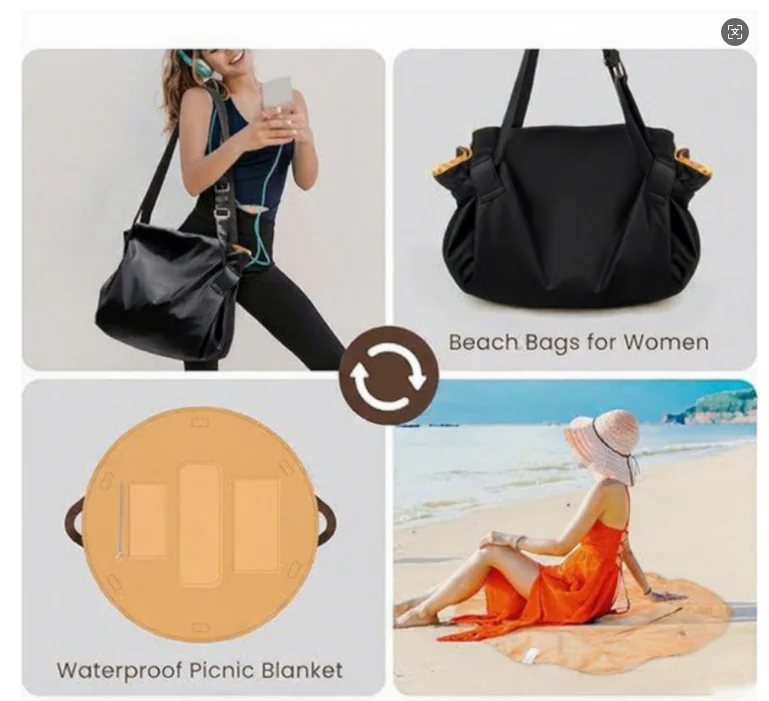 Custom 2 In1 Beach Tote Blanket Bag Foldable Shopping Travel Camping S