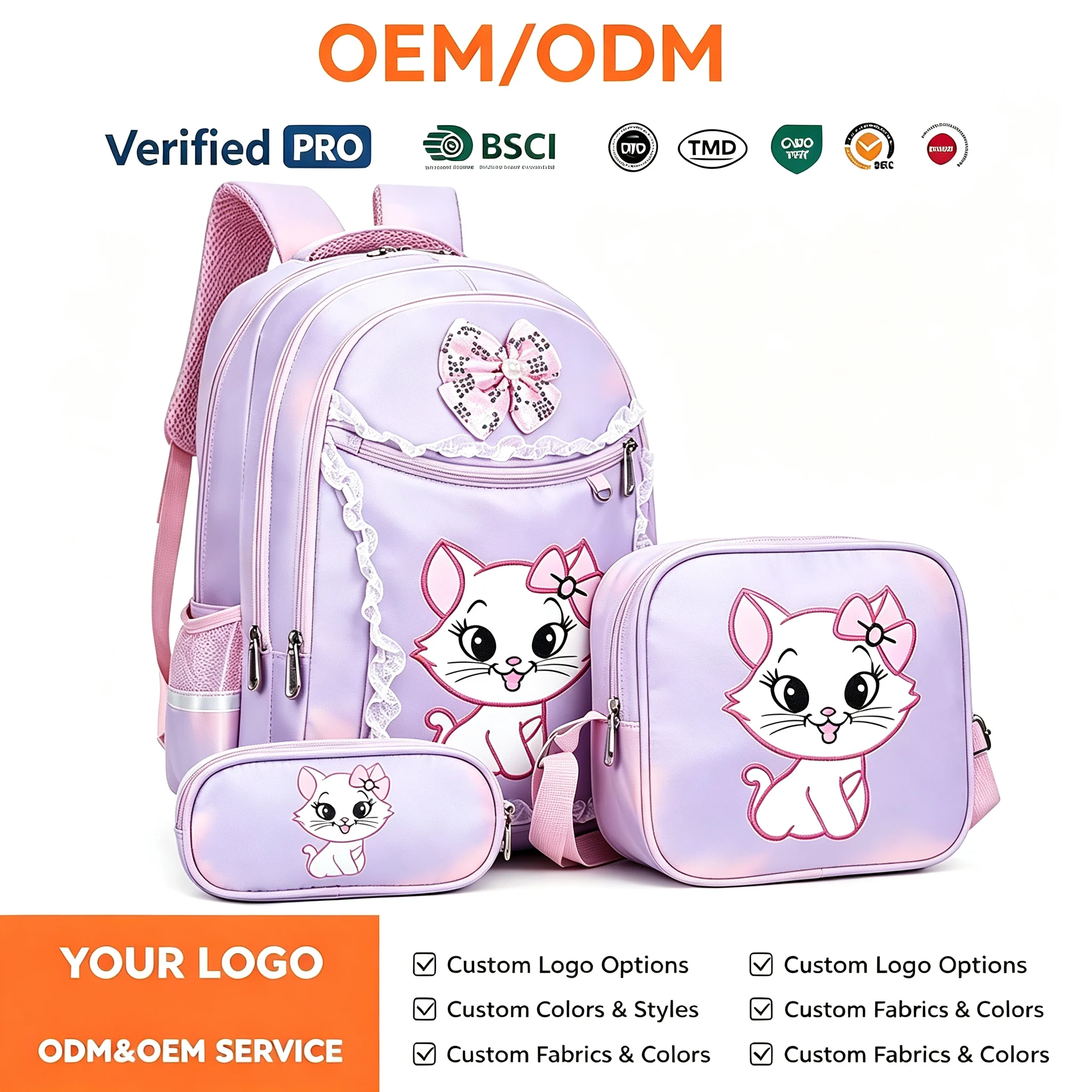 Custom Kitten Print Kids Backpack Set